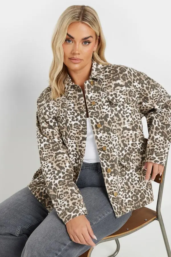 Yours Curve Natural Brown Leopard Print Twill Jacket, Women's Curve & Plus Size, Yours