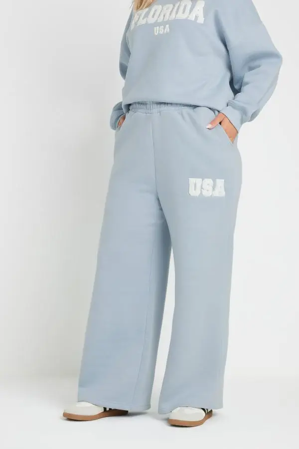 Yours Curve Light Blue Slogan Wide Leg Joggers, Women's Curve & Plus Size, Yours