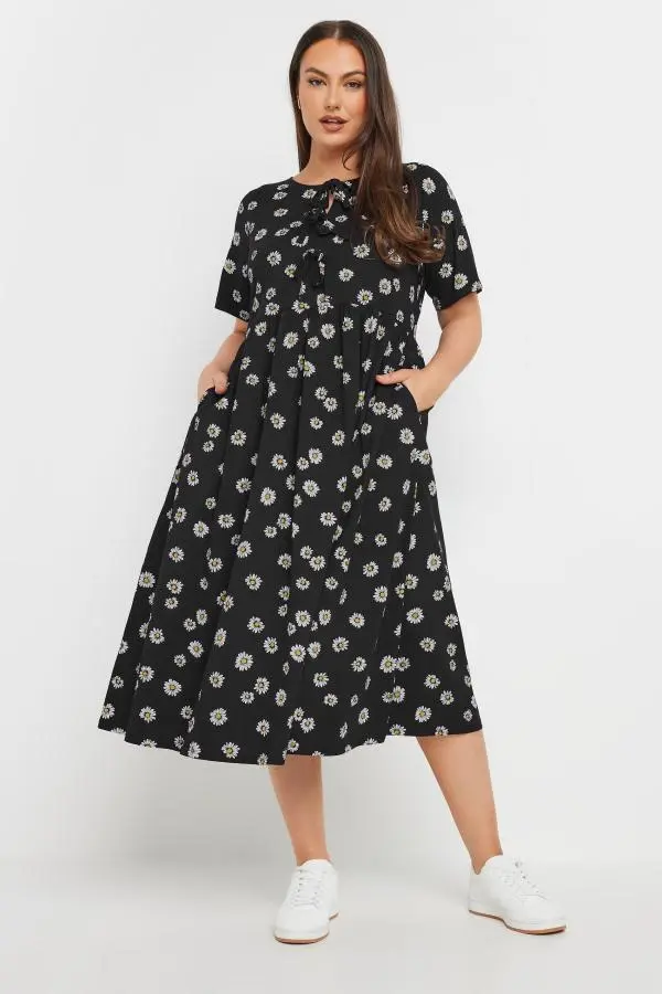 Yours Curve Black Daisy Print Tie Front Dress, Women's Curve & Plus Size, Yours