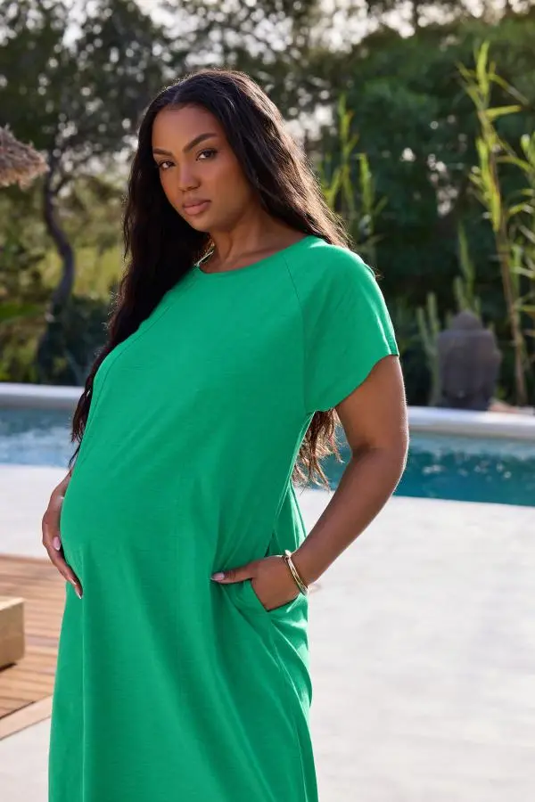 Bump It Up Maternity Curve Green Soft Cotton Pocket Midi Swing Dress