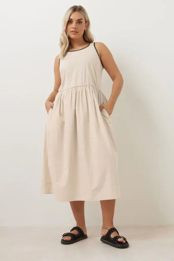 Yours Plus Size Natural Brown Contrast Blanket Stitch Midi Dress Size 38-40