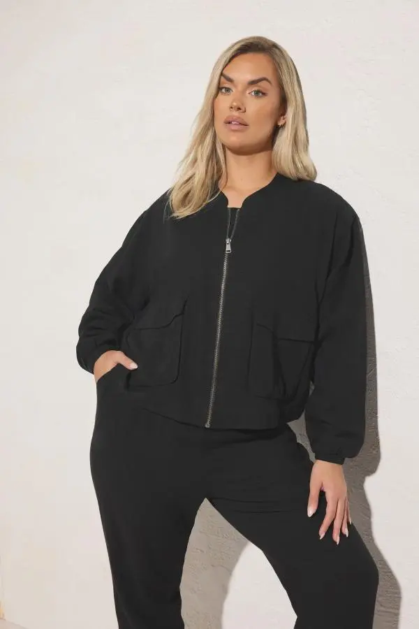 Yours Plus Size Black Linen Bomber Jacket Size 14