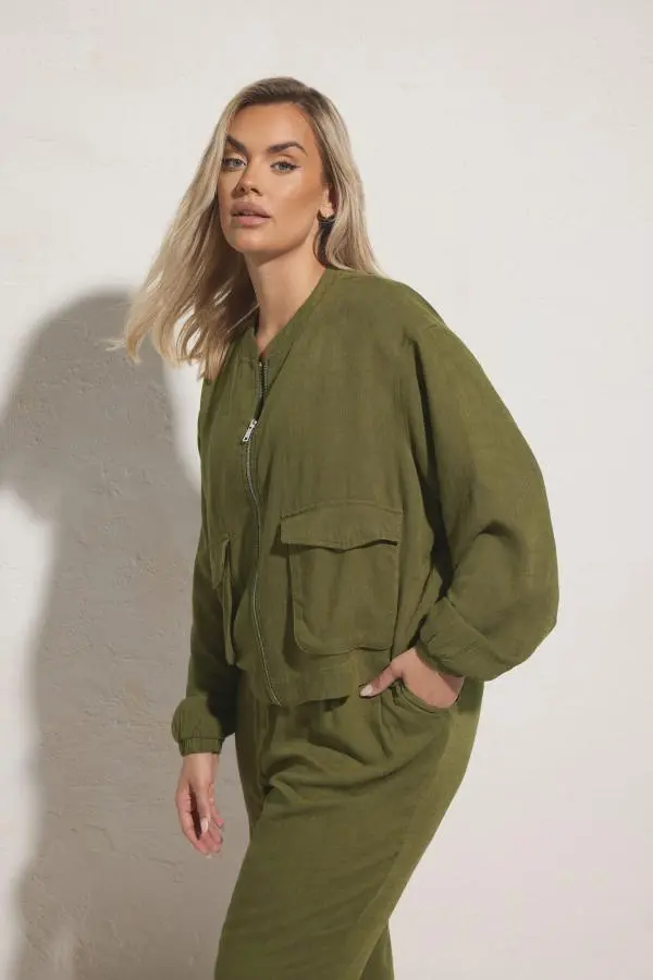 Yours Plus Size Khaki Green Linen Bomber Jacket Size 26-28