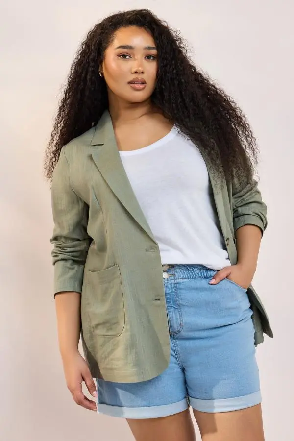 Yours Curve Khaki Green Relaxed Linen Blazer, Women's Curve & Plus Size, Yours