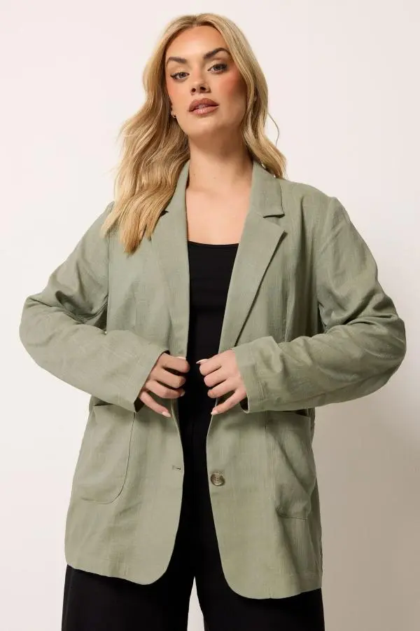 Yours Plus Size Khaki Green Relaxed Linen Blazer Size 14