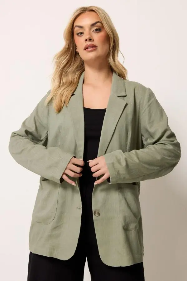 Yours Plus Size Khaki Green Relaxed Linen Blazer Size 16