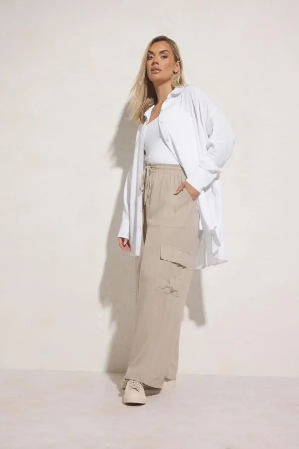 Yours Plus Size Natural Brown Linen Cargo Trousers Size 14