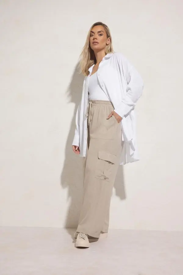 Yours Plus Size Natural Brown Linen Cargo Trousers Size 22-24