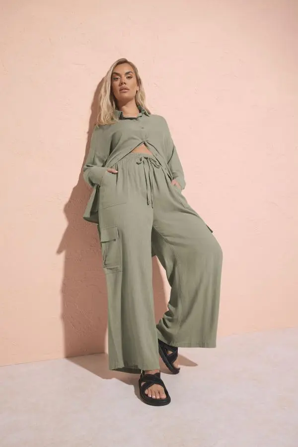 Yours Plus Size Khaki Green Linen Cargo Trousers Size 20