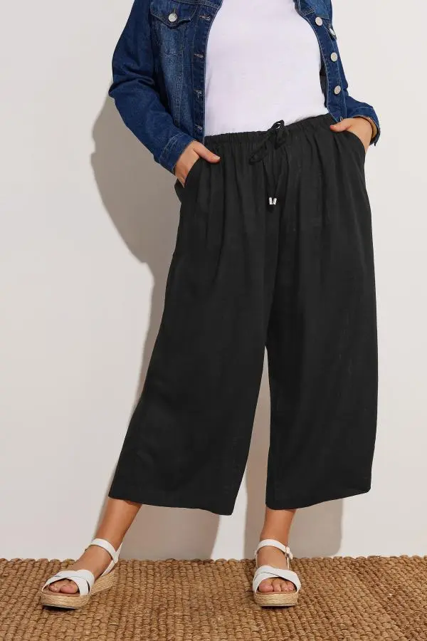 Yours Plus Size Black Wide Leg Ankle Grazer Linen Trousers Size 22-24
