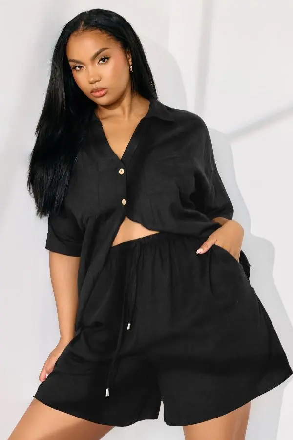 Yours Plus Size Black Tie Front Linen Shorts Size 34-36