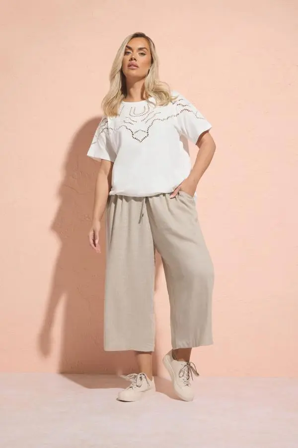 Yours Plus Size Natural Brown Cropped Wide Leg Linen Trousers Size 30-32