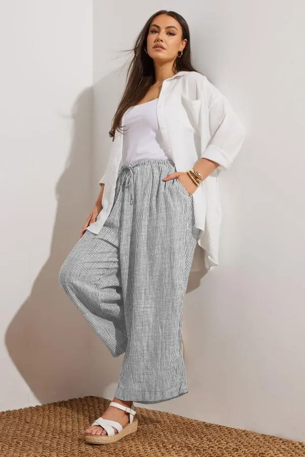 Yours Curve Blue Stripe Wide Leg Ankle Grazer Linen Trousers, Women's Curve & Plus Size, Yours
