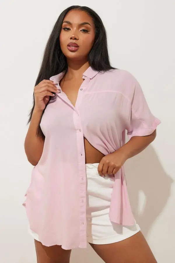 Yours Curve Light Pink Washed Chambray Shirt, Women's Curve & Plus Size, Yours