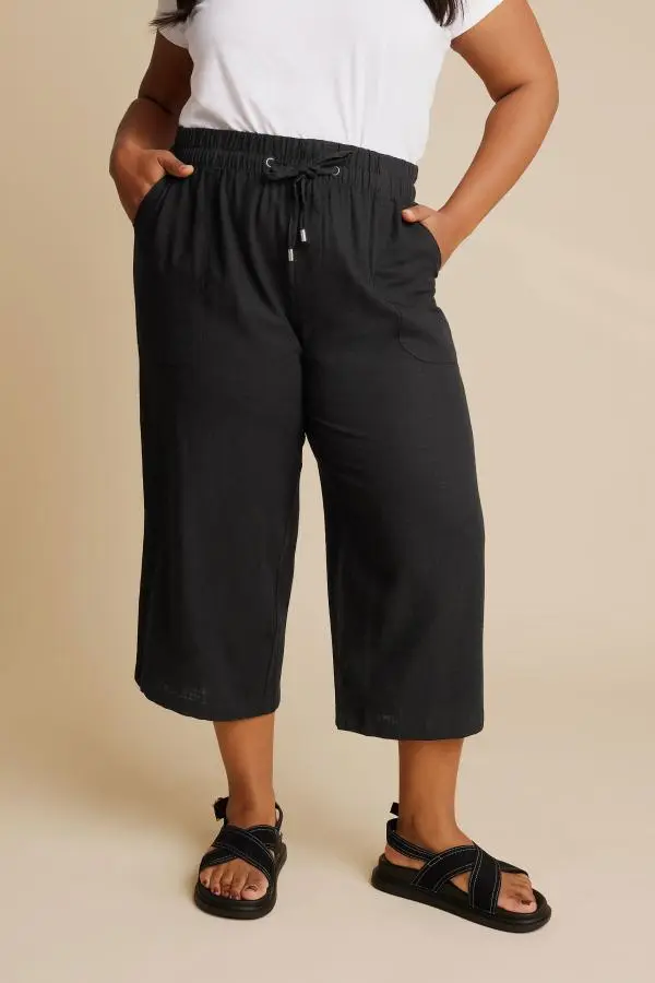 Yours Curve Black Linen Cropped Trousers, Women's Curve & Plus Size, Yours
