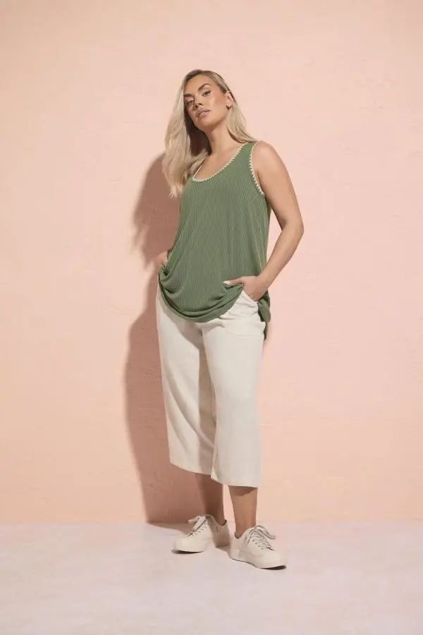 Yours Curve Natural Brown Linen Cropped Trousers Size 30-32