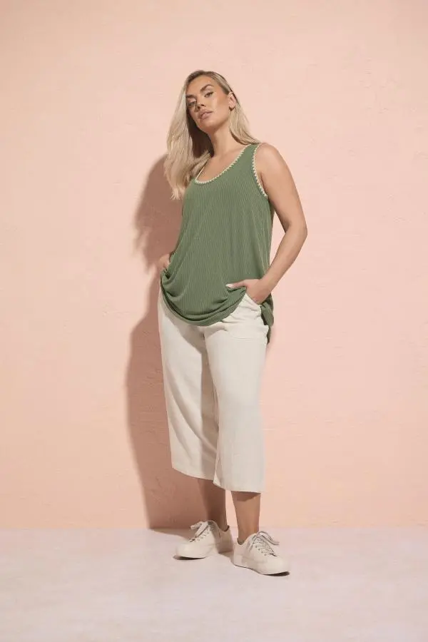 Yours Curve Natural Brown Linen Cropped Trousers Size 30-32