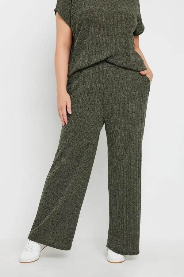 Yours Curve Khaki Green Knitted Wide Leg Trousers, Women's Curve & Plus Size, Yours
