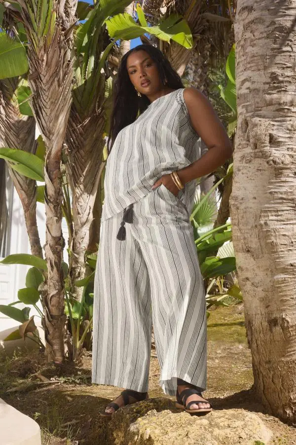 Yours Plus Size White Stripe Belted Wide Leg Linen Trousers Size 30-32