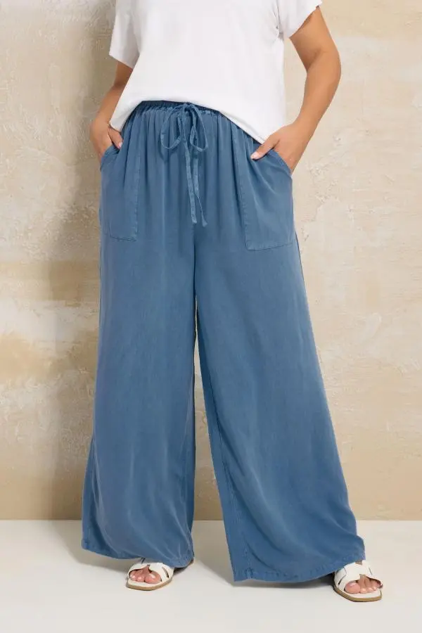 Yours Plus Size Blue Chambray Tie Front Wide Leg Trousers Size 14