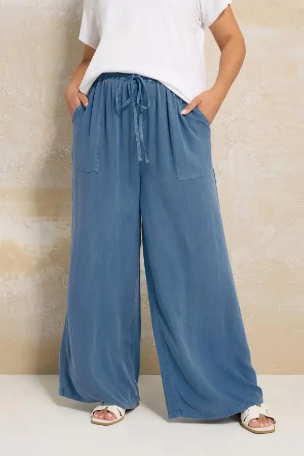 Yours Plus Size Blue Chambray Tie Front Wide Leg Trousers Size 20
