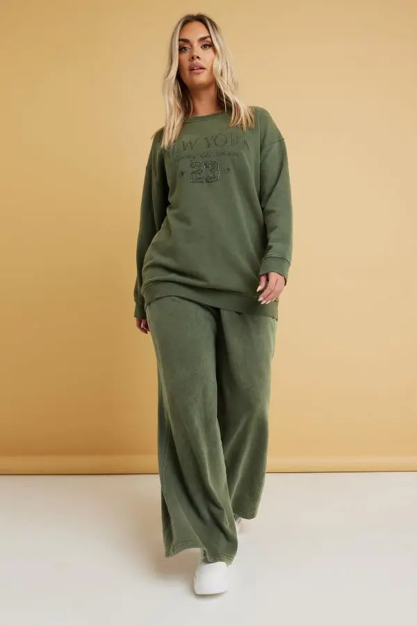 Yours Curve Khaki Green Washed Wide Leg Joggers, Women's Curve & Plus Size, Yours