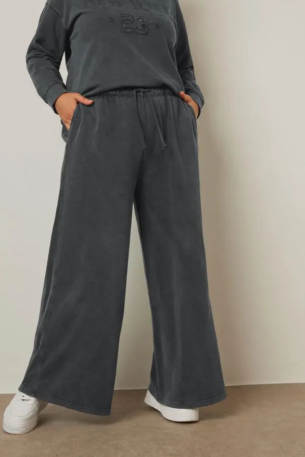 Yours Curve Charcoal Grey Washed Wide Leg Joggers, Women's Curve & Plus Size, Yours
