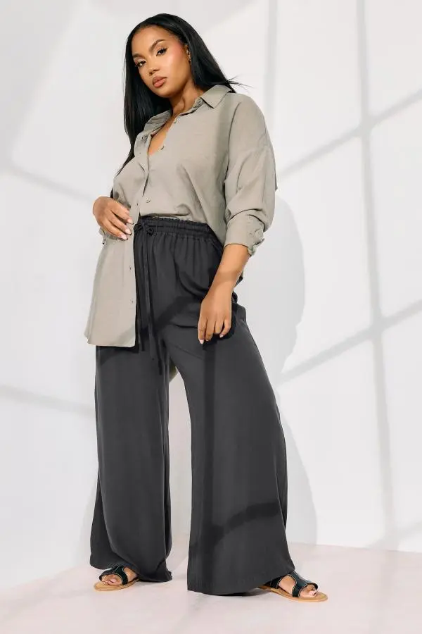 Yours Curve Black Chambray Tie Front Wide Leg Trousers, Women's Curve & Plus Size, Yours
