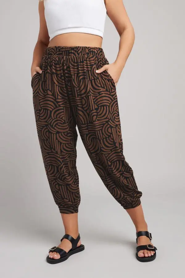 Yours Curve Brown Abstract Print Cropped Harem Joggers, Women's Curve & Plus Size, Yours