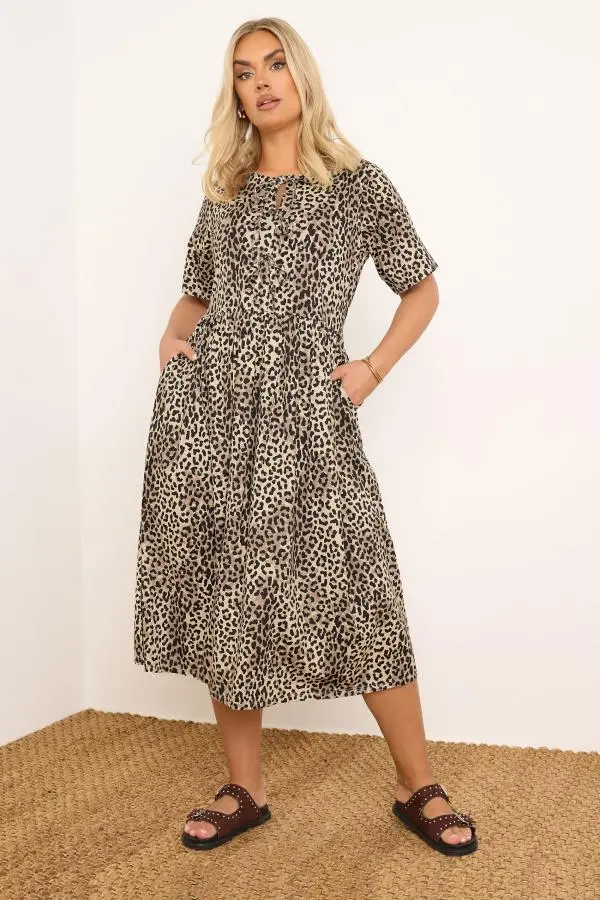 Yours Curve Brown Leopard Print Tie Front Dress, Women's Curve & Plus Size, Yours