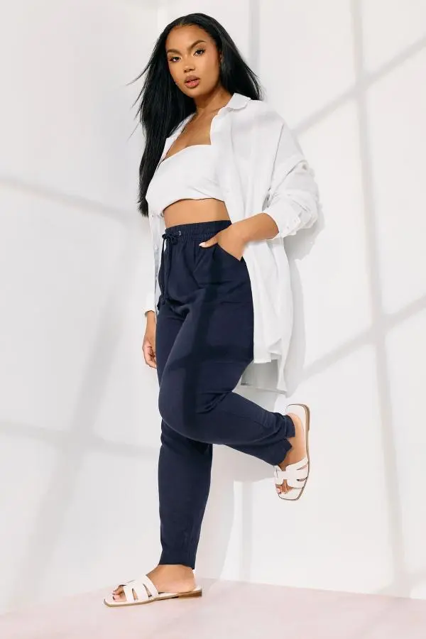 Yours Curve Navy Blue Linen Tie Front Joggers, Women's Curve & Plus Size, Yours