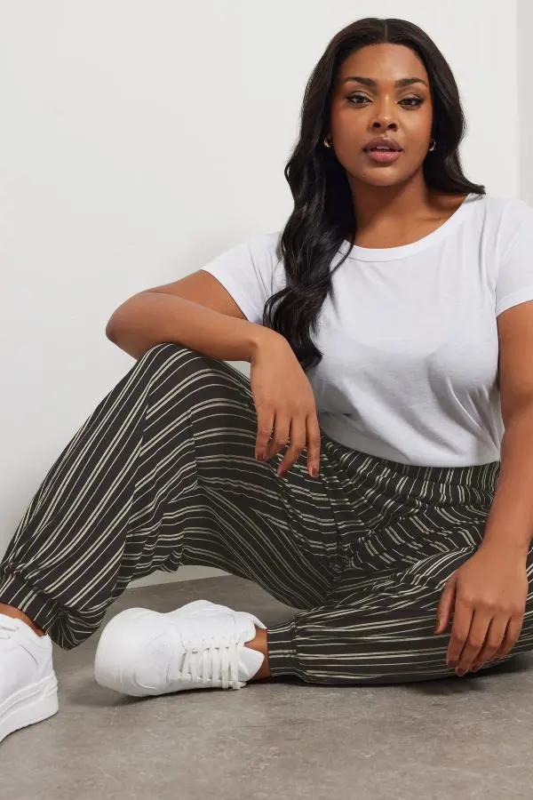 Yours Curve Black Striped Jersey Cuffed Trousers, Women's Curve & Plus Size, Yours