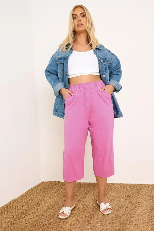 Yours Curve Hot Pink Cool Cotton Cropped Trousers, Women's Curve & Plus Size, Yours