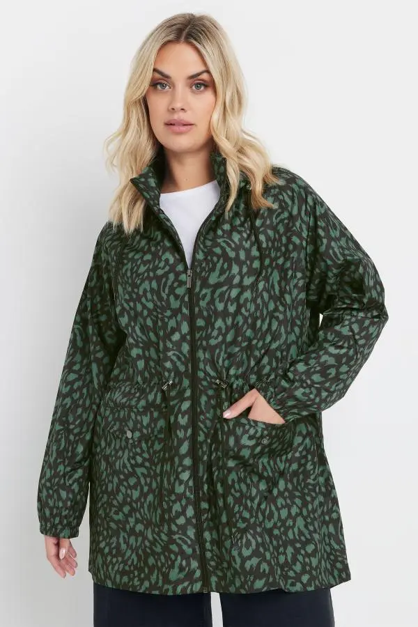 Yours Curve Green Leopard Lightweight Parka Jacket, Women's Curve & Plus Size, Yours