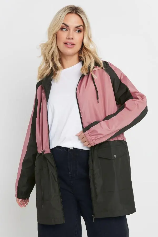 Yours Curve Pink & Black Colourblock Lightweight Parka Jacket, Women's Curve & Plus Size, Yours