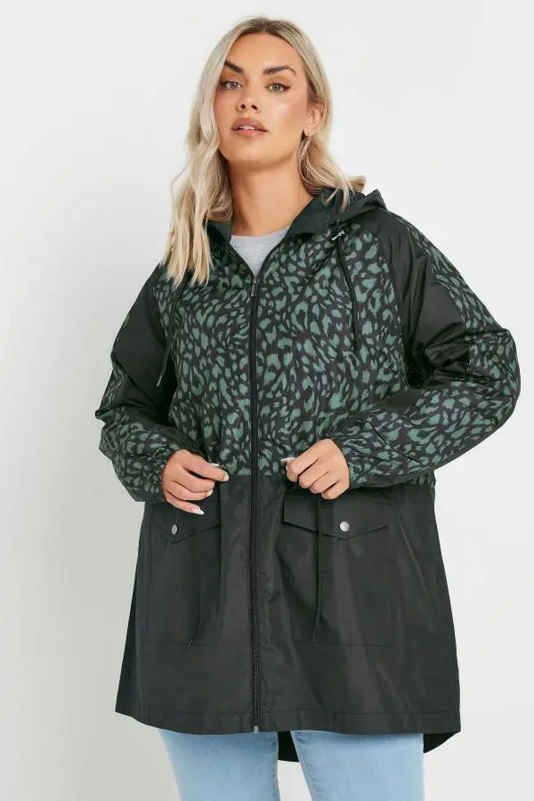 Yours Curve Green & Black Colourblock Lightweight Parka Jacket, Women's Curve & Plus Size, Yours