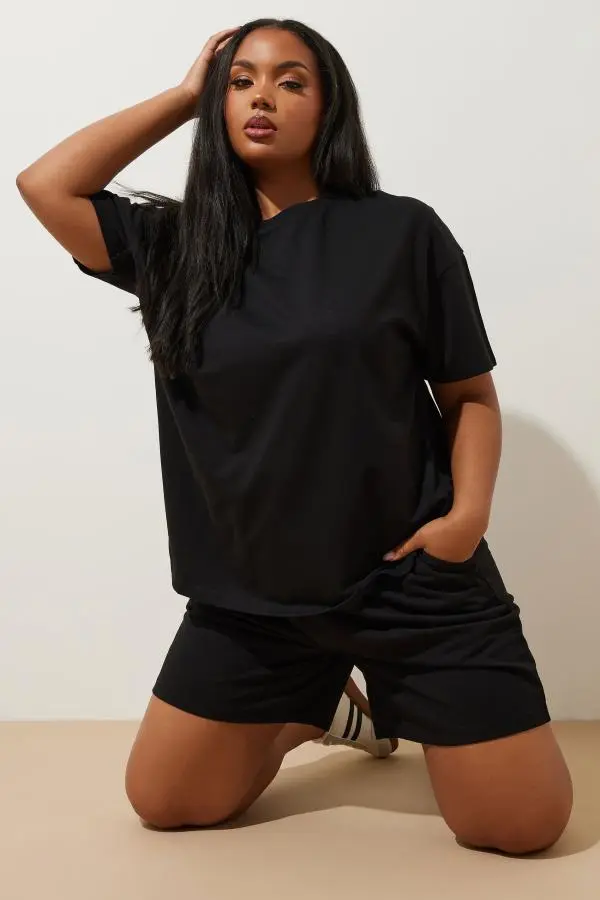 Yours Curve Black Sweat Tshirt & Shorts Set, Women's Curve & Plus Size, Yours