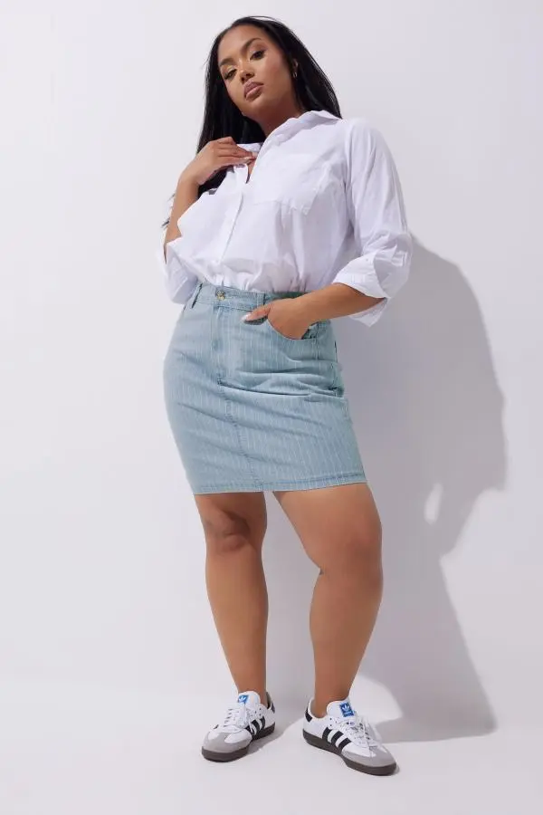 Limited Collection Curve Light Blue Pinstripe Denim Mini Skirt, Women's Curve & Plus Size, Limited Collection