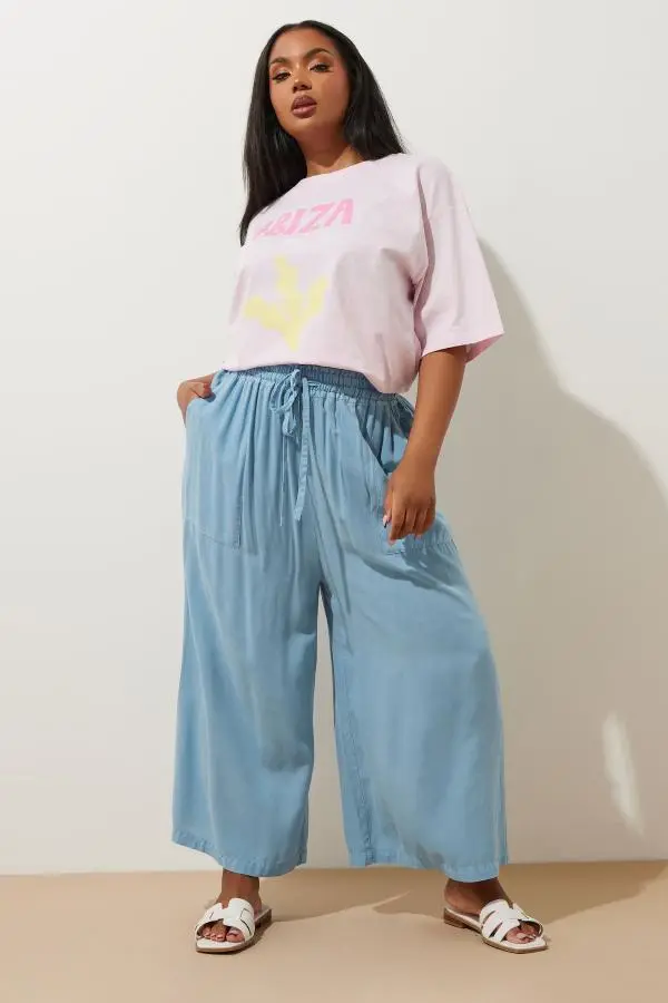 Yours Curve Blue Chambray Tie Front Culottes, Women's Curve & Plus Size, Yours