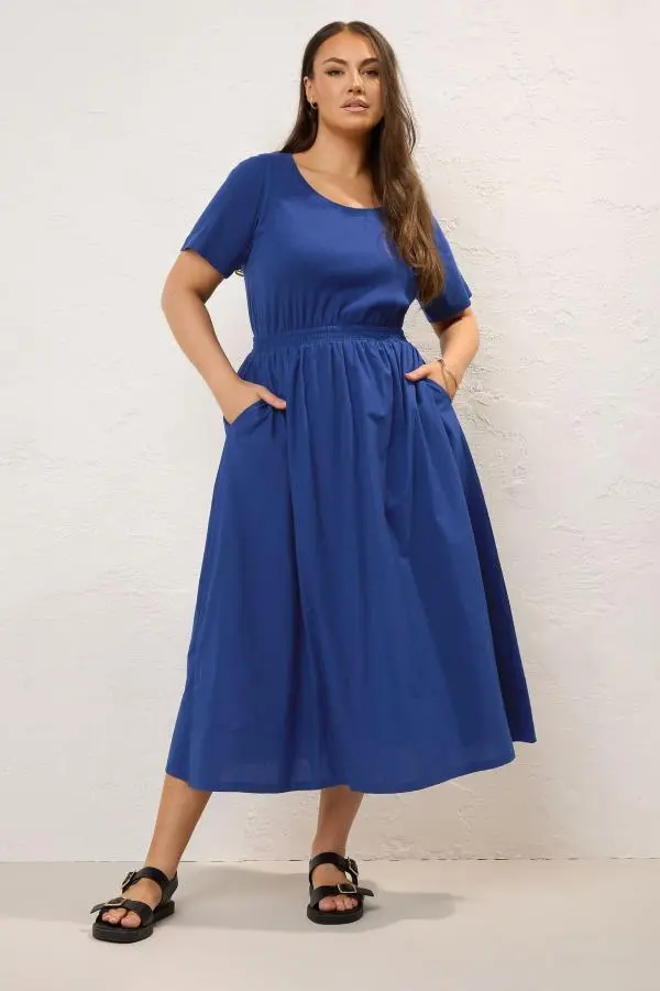 Yours Curve Blue Jersey & Woven Mix Fabric Midaxi Skater Dress, Women's Curve & Plus Size, Yours