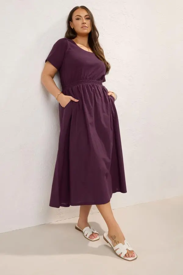 Yours Curve Dark Purple Jersey & Woven Mix Fabric Midaxi Skater Dress, Women's Curve & Plus Size, Yours