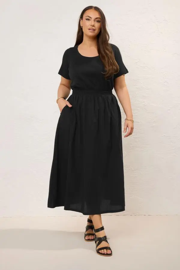Yours Curve Black Jersey & Woven Mix Fabric Midaxi Skater Dress, Women's Curve & Plus Size, Yours