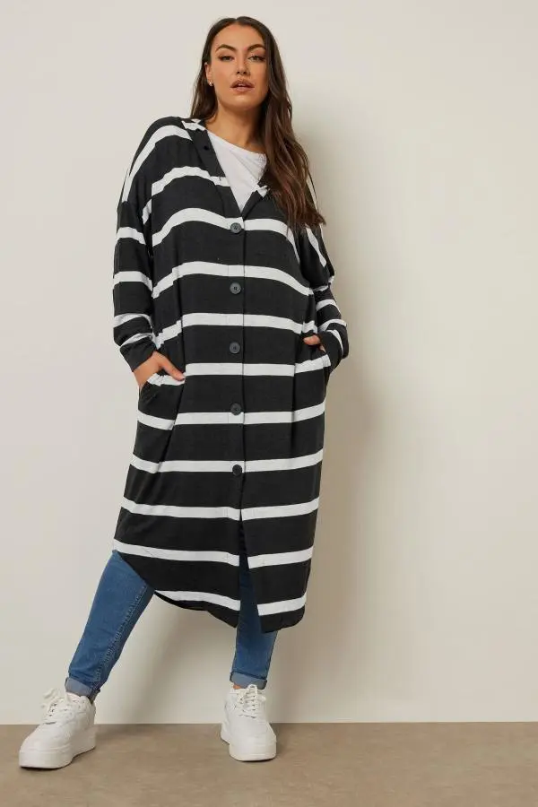 Yours Curve Black Stripe Hooded Maxi Cardigan, Women's Curve & Plus Size, Yours