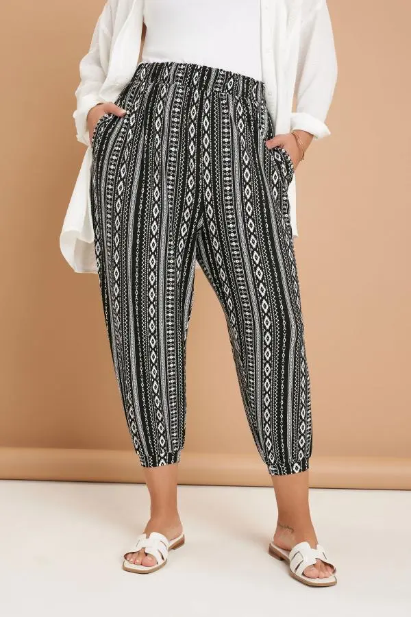Yours Curve Black Aztec Stripe Cropped Harem Trousers, Women's Curve & Plus Size, Yours