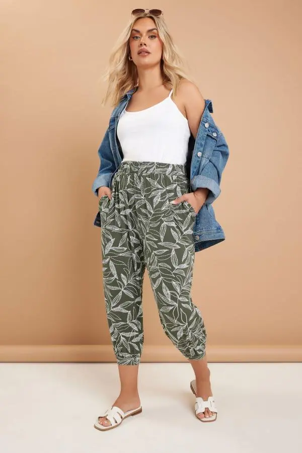 Yours Curve Khaki Green Leaf Print Cropped Harem Trousers, Women's Curve & Plus Size, Yours