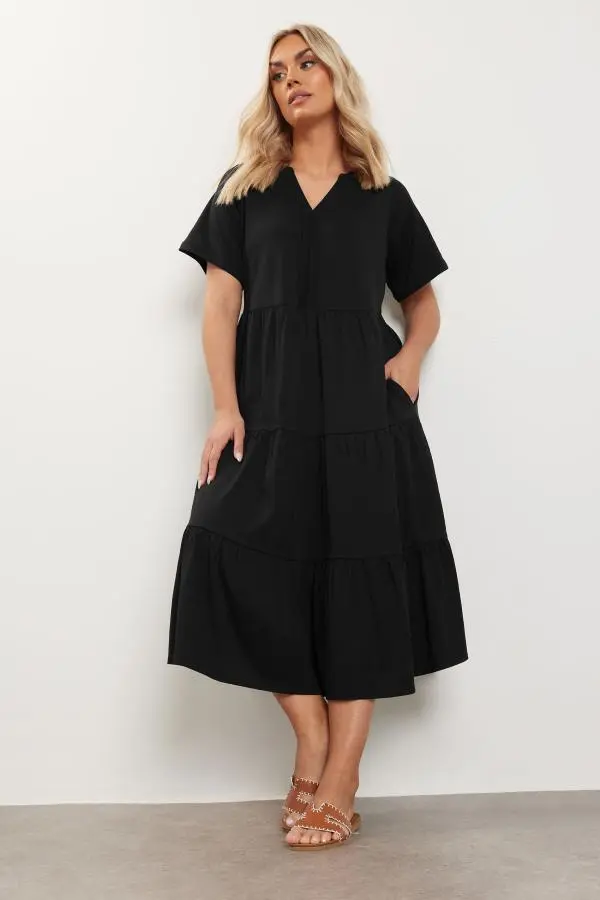 Yours Curve Black Tiered Cotton Midaxi Dress, Women's Curve & Plus Size, Yours