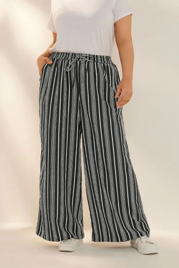 Yours Curve Black Stripe Textured Wide Leg Trousers, Women's Curve & Plus Size, Yours