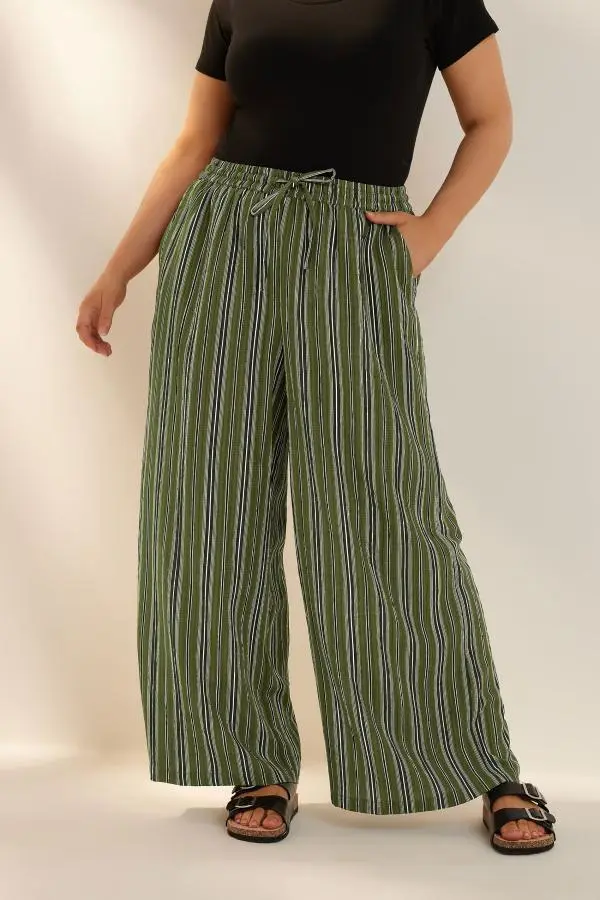 Yours Curve Green Stripe Textured Wide Leg Trousers, Women's Curve & Plus Size, Yours