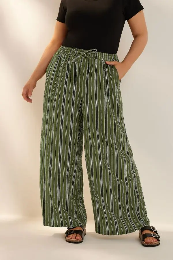 Yours Plus Size Green Stripe Textured Wide Leg Trousers Size 24