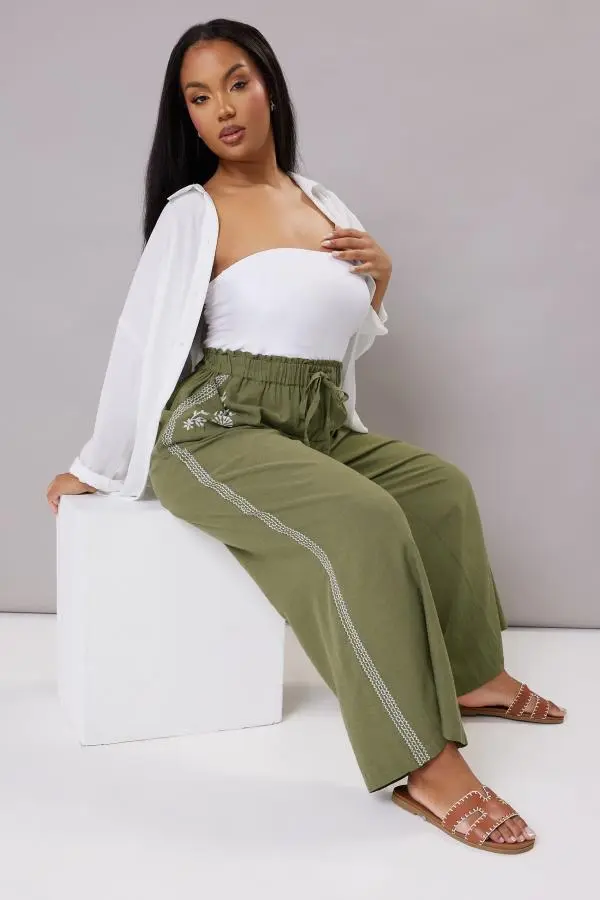 Yours Curve Khaki Green Embroidery Wide Leg Trousers, Women's Curve & Plus Size, Yours